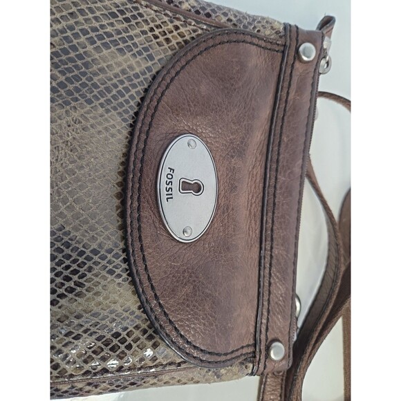 Fossil Snakeskin Embossed Leather Crossbody Adjustable Purse Brown Trim 7 X 8 - Picture 4 of 13